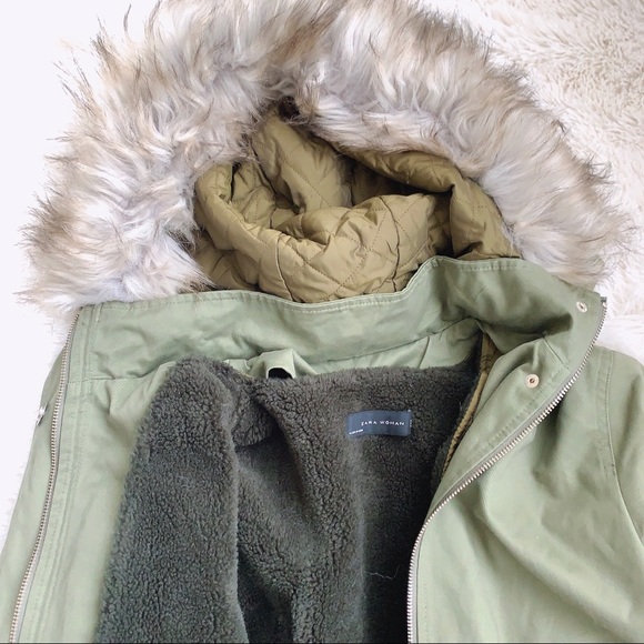 Zara Green Oversized Parka with Faux Fur Coat - Picture 4 of 8